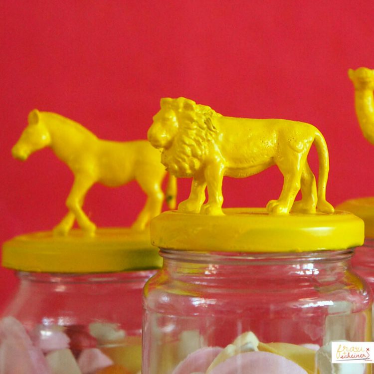 Upcycling Weckgläser Mitgebsel Marshmallow Geburtstag Gläserdeckel und Tiere mit Lack besprühen