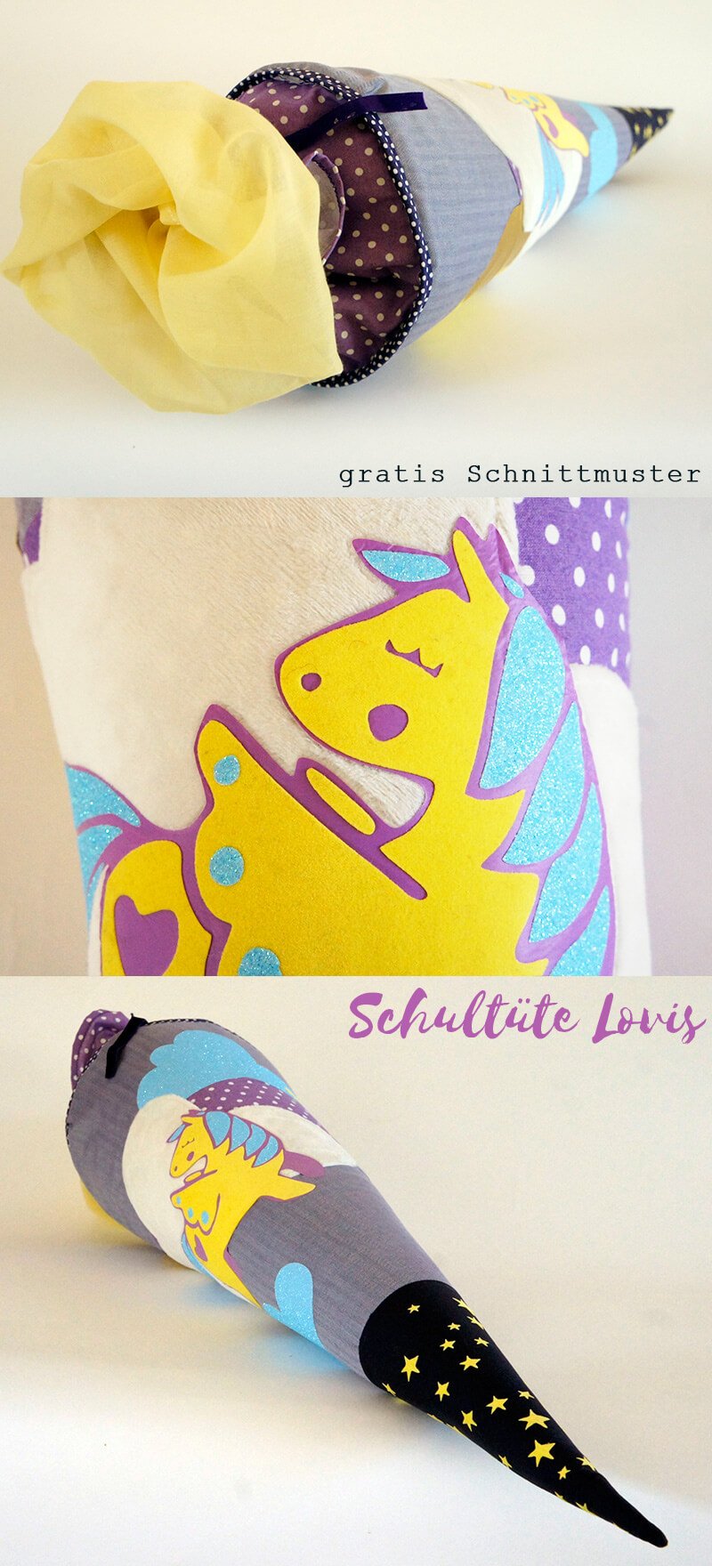 Gratis Schnittmuster Schultüte Lovis nähen, Pferd gratis Plottervorlage, Einhorn, Schulanfänger, Erstklässler, Schulanfang