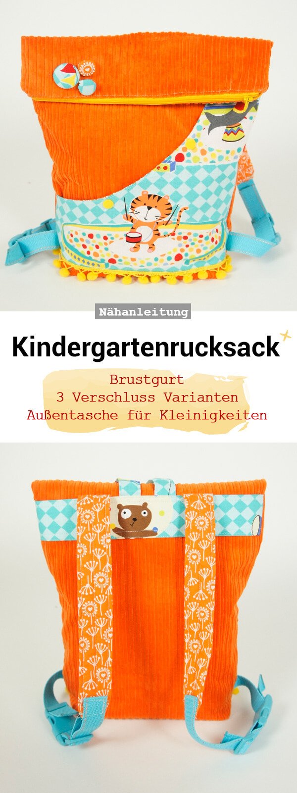 Kindergarten Rucksack, Kindertasche, Foldover Tasche Nähanleitung und Schnittmuster