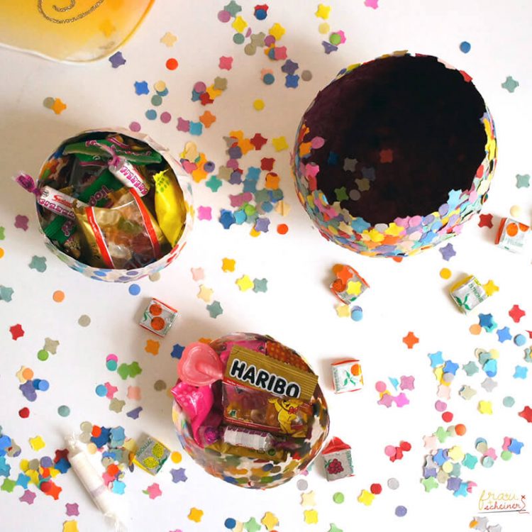 Konfetti Schalen diy Fastnacht Kleister recycling Karneval Luftballon Fasching basteln mit Kindern Bonboniere bonbon schüsselchen Pappmachee