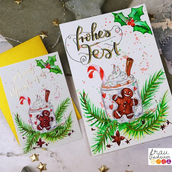 Lettering Aquarell Weihnachtskarte drucken frau scheiner